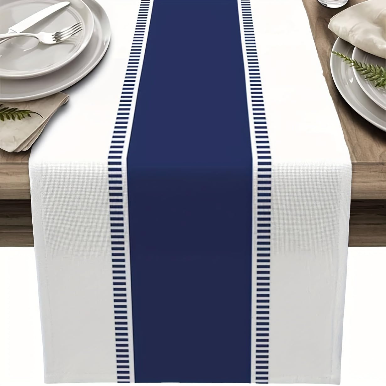 Nautical Striped Table Runner, Navy Blue and White, Modern Dining Table Decor Party Decoration，13in*72in