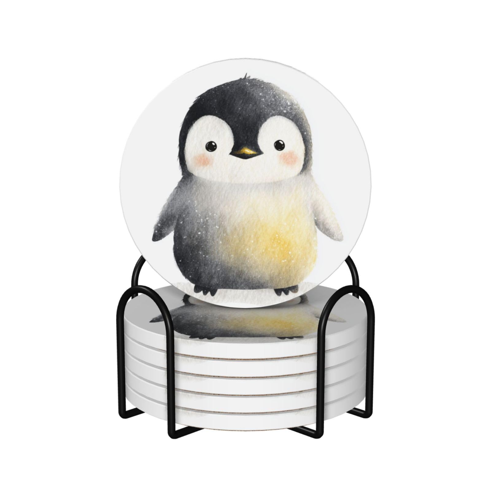 Simple Cute Penguin Watercolor Ceramic Coasters with Holder 6ps