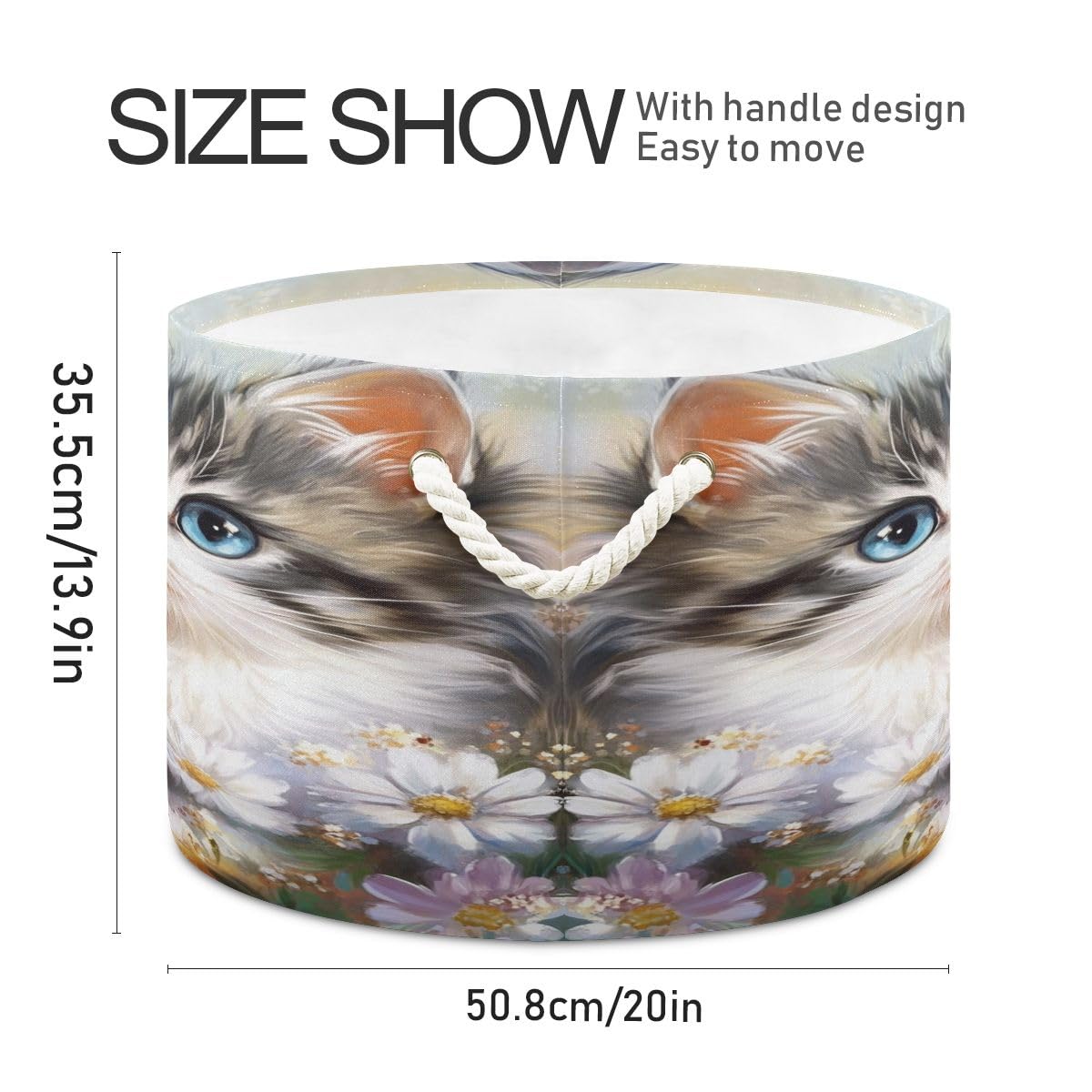 Round Storage Basket Two Cute Cats in Flowers Open Home Storage Bin 20 * 13.9in