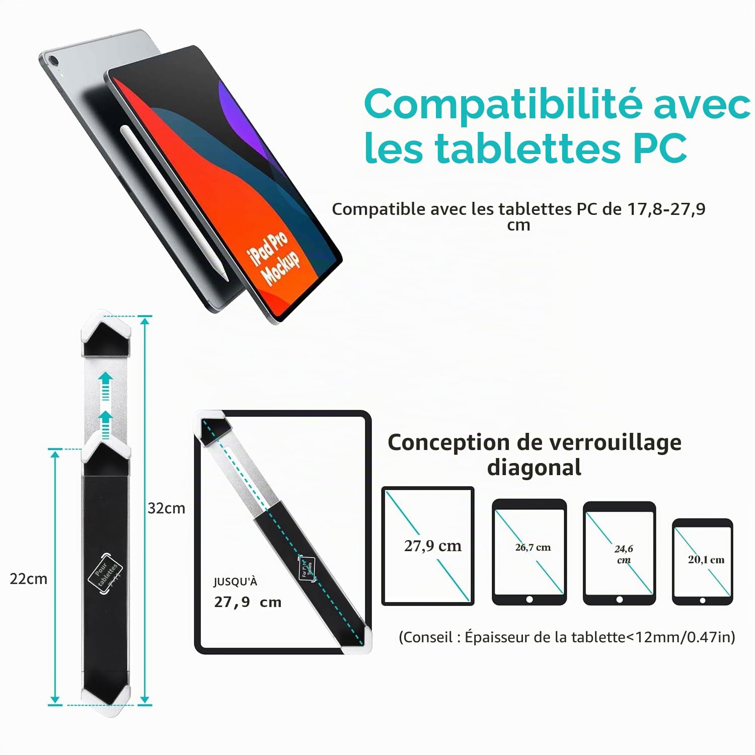 Support Tablette Bureau Antivol, Porte Tablette en Aluminium pour Commercial, Magasins, Surfaces de Vente, Expositions pour iPad Pro Air Mini, Galaxy Tabs, Surface, Plus de Tablettes 7-11"