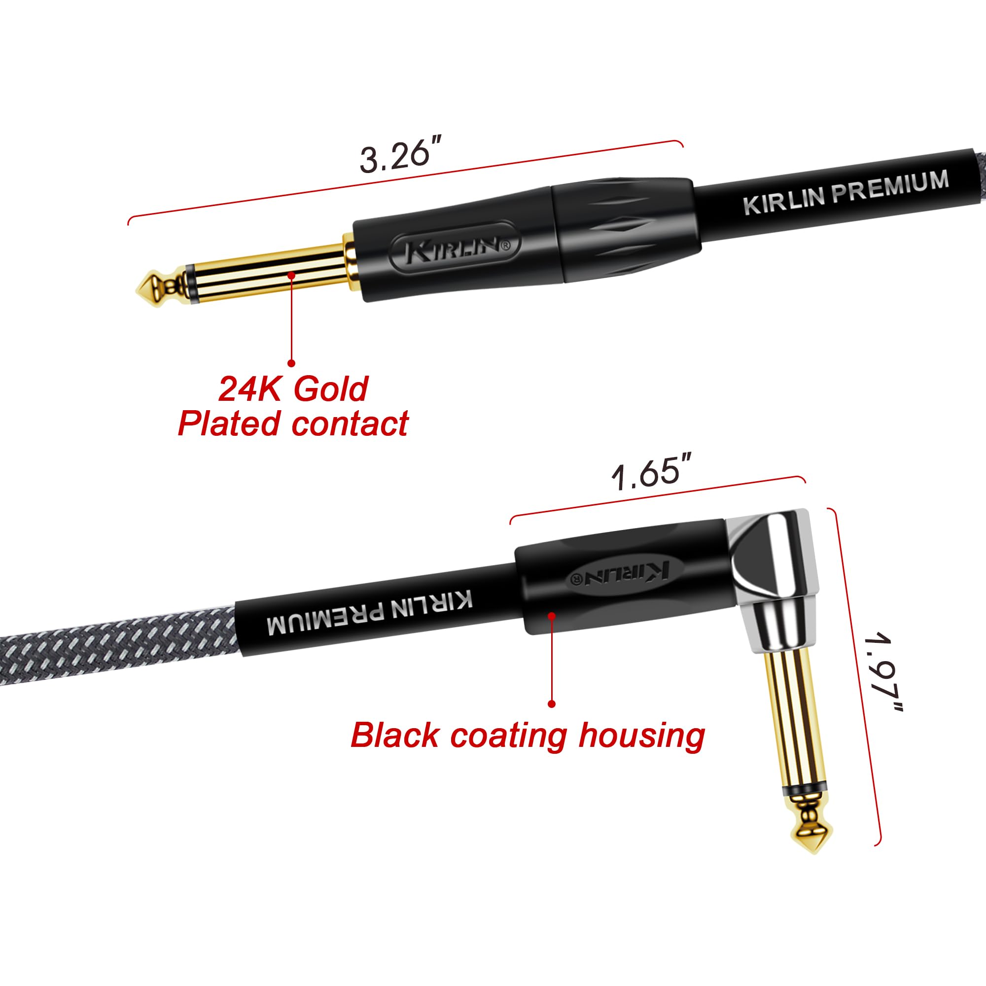 KIRLIN Kabel IWB-202BFGL-10/CA 10-metrowy kabel instrumentowy Premium Plus, szary węglowy tkany płaszcz