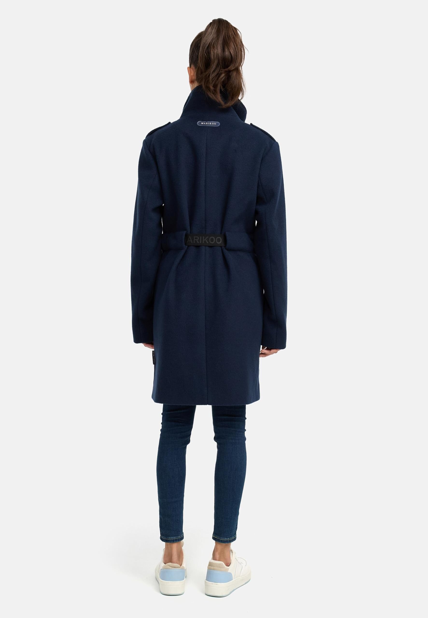 MARIKOO Damen lange Übergangsjacke Kurzmantel in Woll-Optik mit Taillengürtel Tanokoo 16 XS-XXL