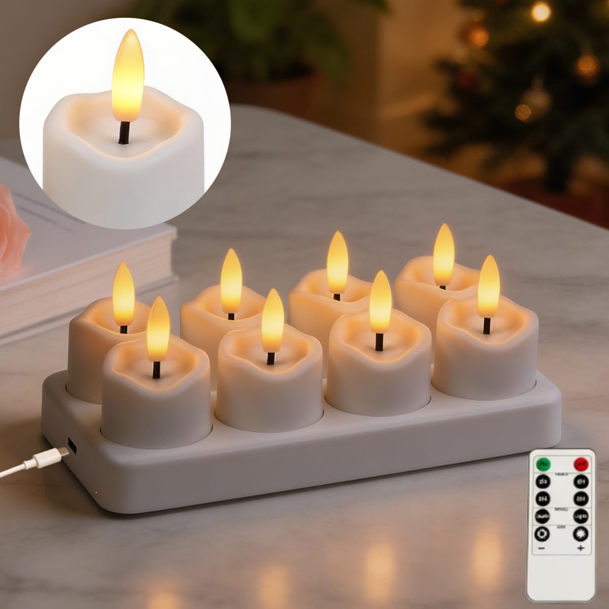 Rechargeable Flameless Tea Lights Candles with Remote & Timer (8 Units)