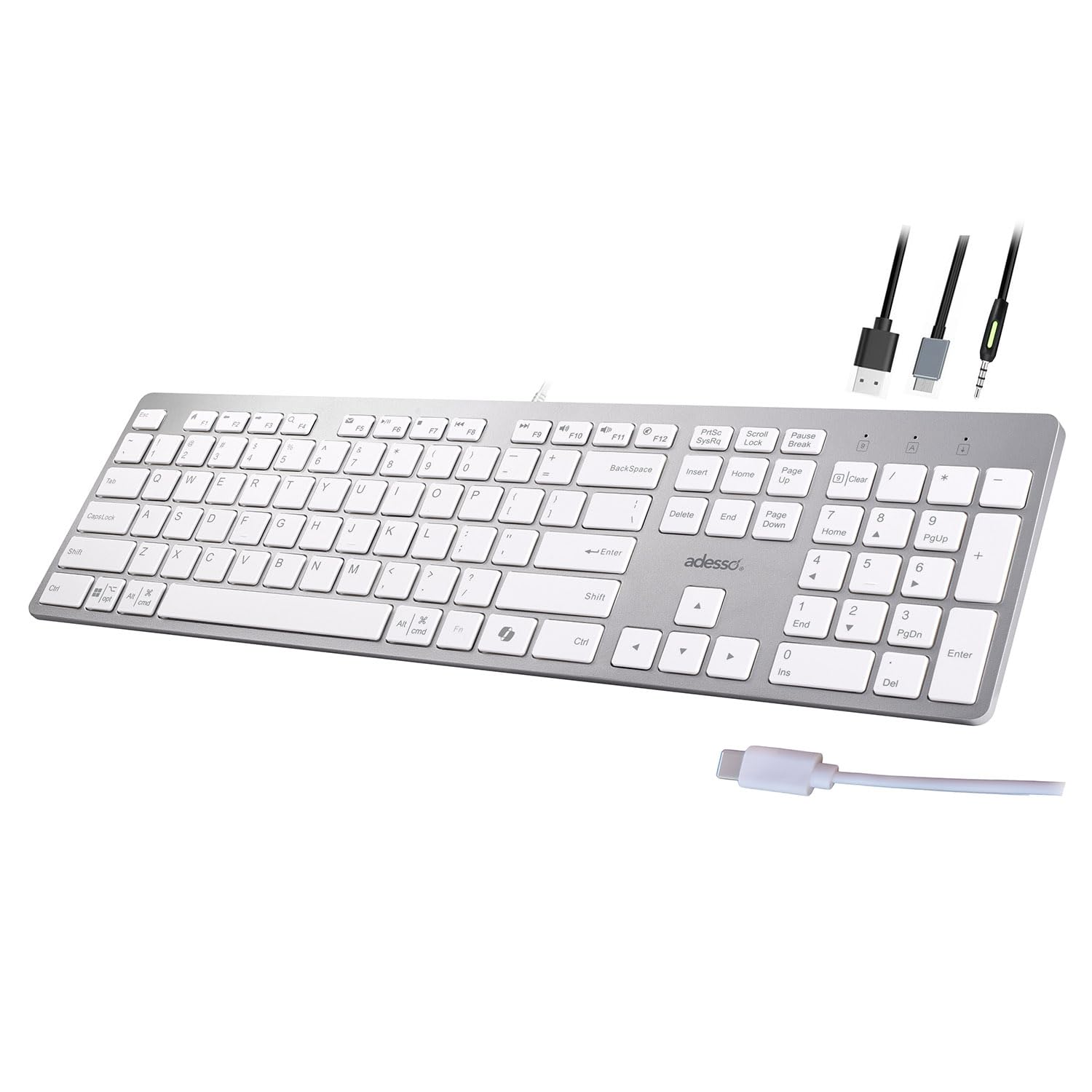 ADESSO EasyTouch 730 - USB C Multi-OS Scissor Switch Keyboard with Copilot AI Hotkey, Type C Keyboard with Hub, Built-in USB-A/C Ports and 3.5mm Aux - Quiet, Slim Design AKB-730UW