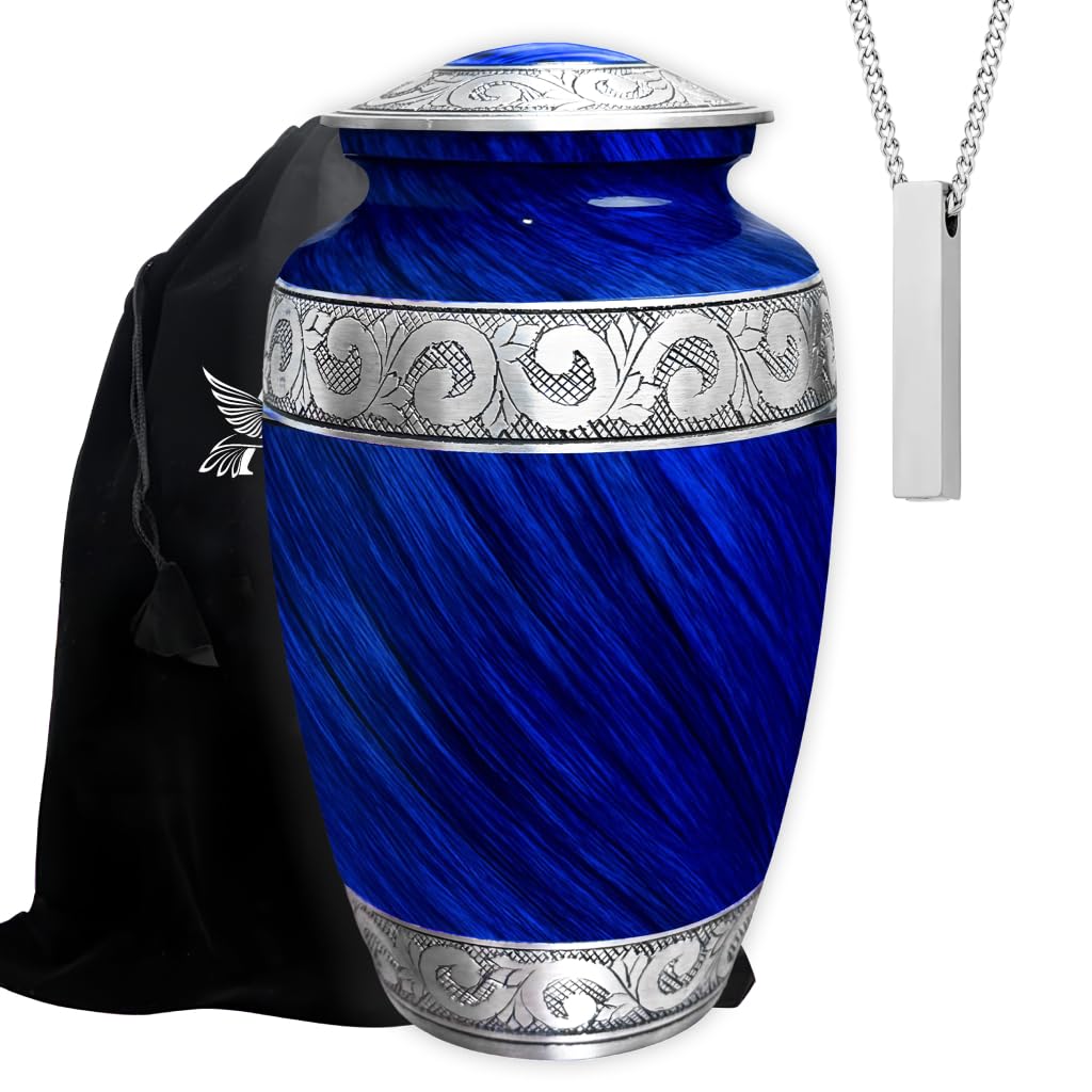 Set of 2 Eternal Blue Cremation Urn for Human Ashes – Adult Male & Female 1 Large Urn with 1 Memorial Necklace