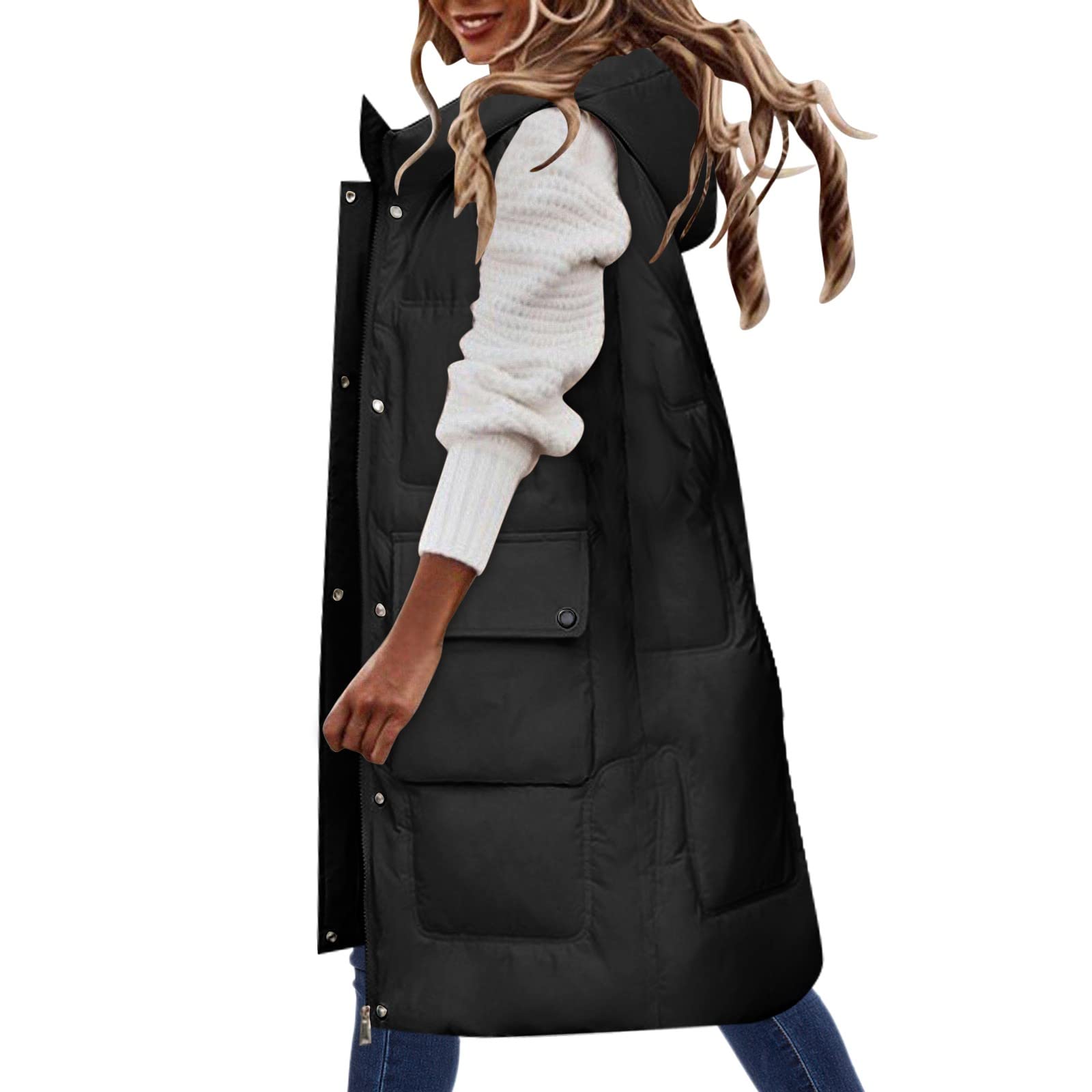 Generisch Gilet trapuntato da donna lungo con cappuccio – gilet invernale da donna caldo senza maniche gilet in piuma ispessito cappotto invernale soffice piumino con cerniera gilet elegante gilet