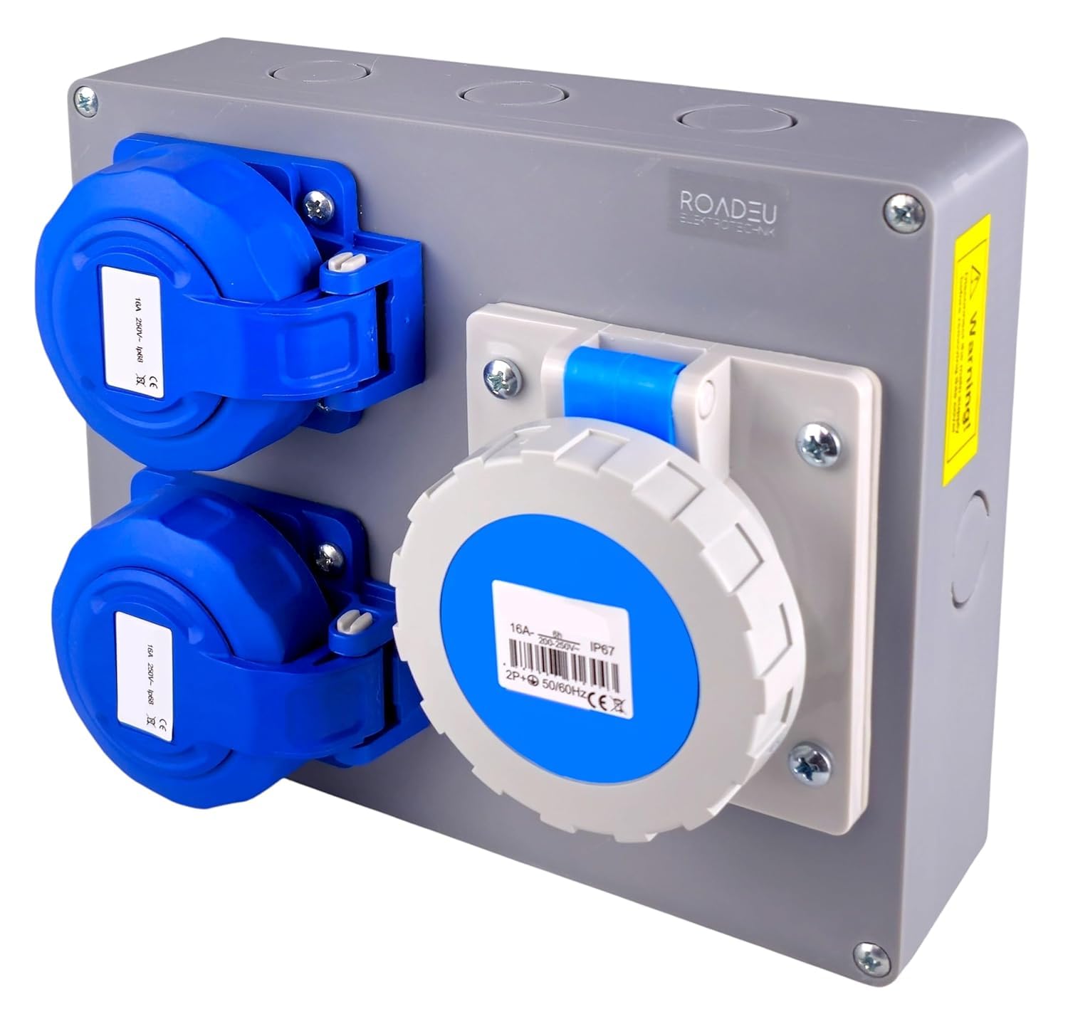 RoadEu – Quadro di Distribuzione Stagno IP67 | 2x Presa Schuko 230V + 1x Presa Industriale CEE 16A 3P | Scatola da Parete Pre-cablata 2,5 mm² per Esterno e Cantiere