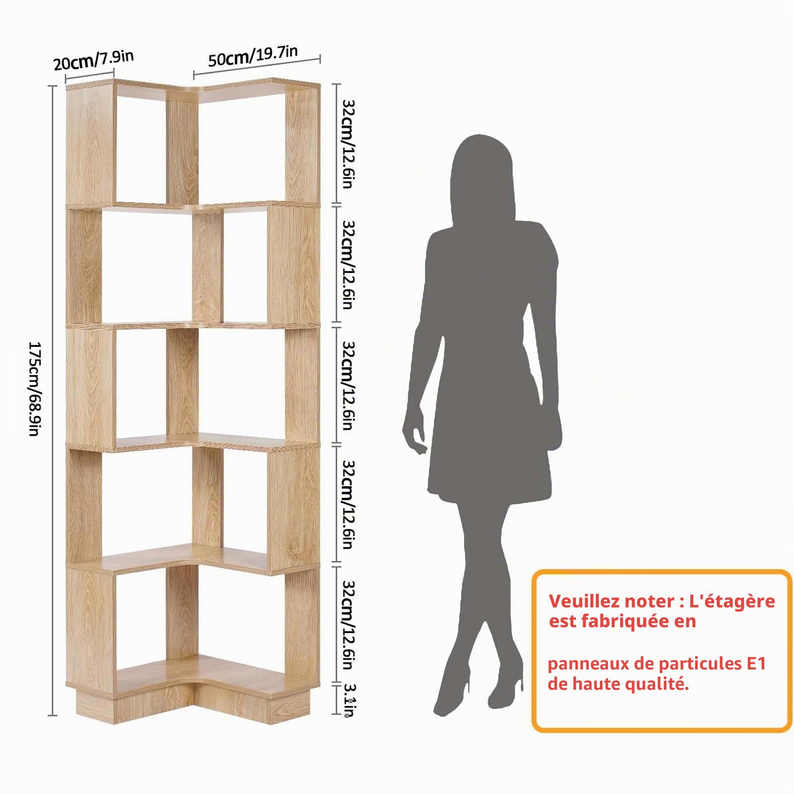 bimiti Bibliothèque d'angle en bois à 6 niveaux - 175 cm de haut - Grande étagère d'angle de rangement pour salon, maison, bureau