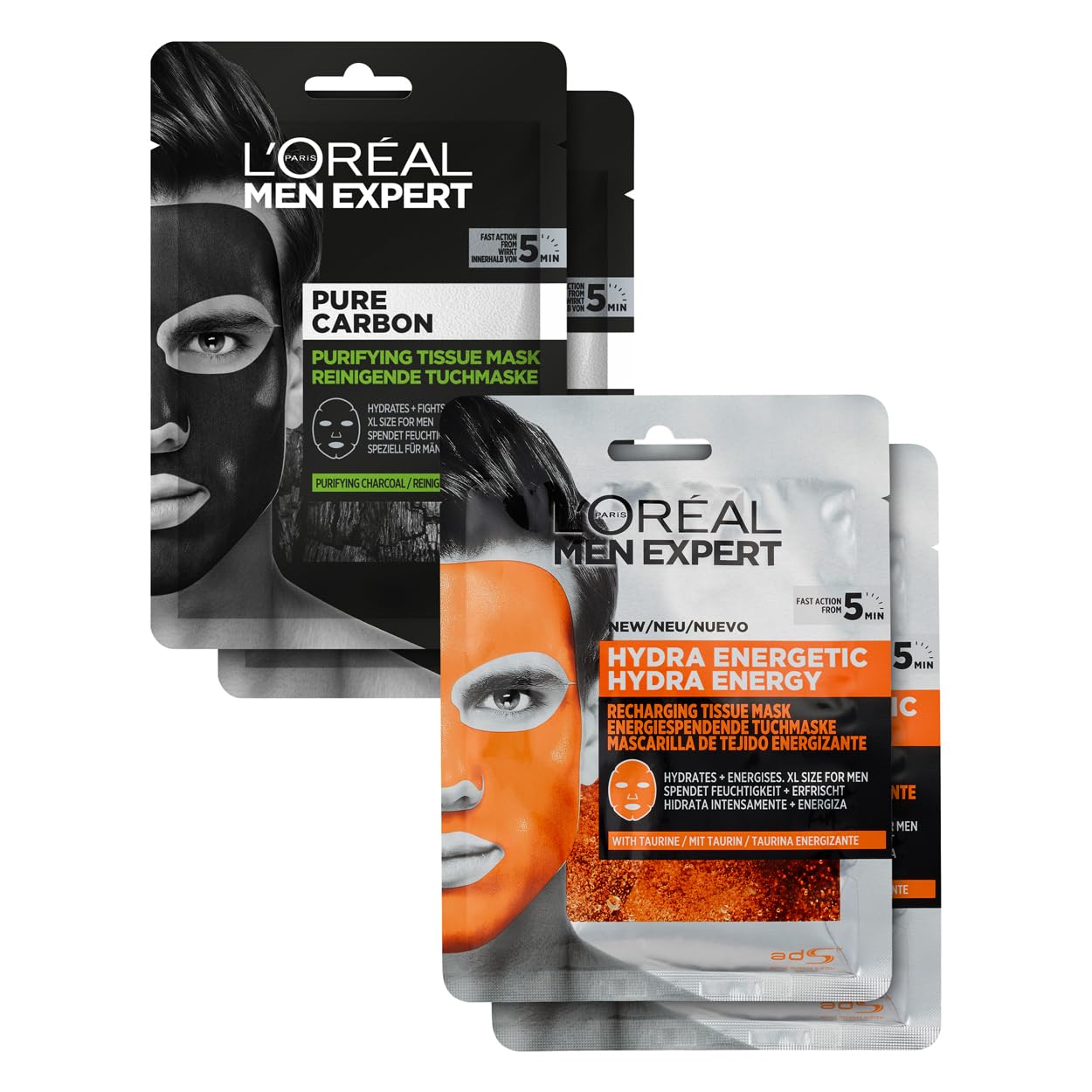 L'Oréal Men Expert Tuchmasken 4er Set für Männer, Feuchtigkeitsspendende Gesichtsmasken gegen Mitesser und Pickel Unreinheiten, Gesichtspflege Geschenkset für Herren, Hydra Energy Pure Carbon, 4 x 30g