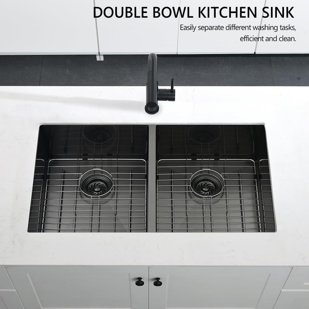 3319 Black Double Kitchen Sink Undermount, Dorzom 33x19x10 Inches Black Stainless Steel Double Bowl Kitchen Sink 16 Gauge Under Mount 50/50 Divided Basin