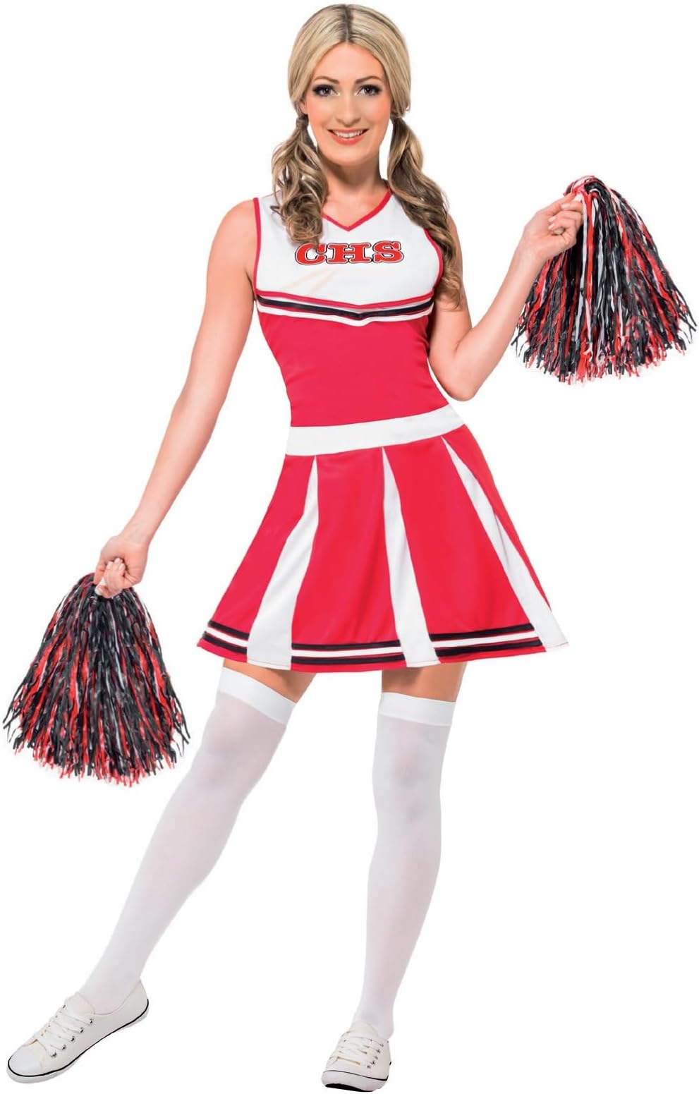 Smiffys Cheerleader Costume, Red with Dress & Pom Poms, Icons & Idols Fancy Dress, Adult Dress Up Costumes