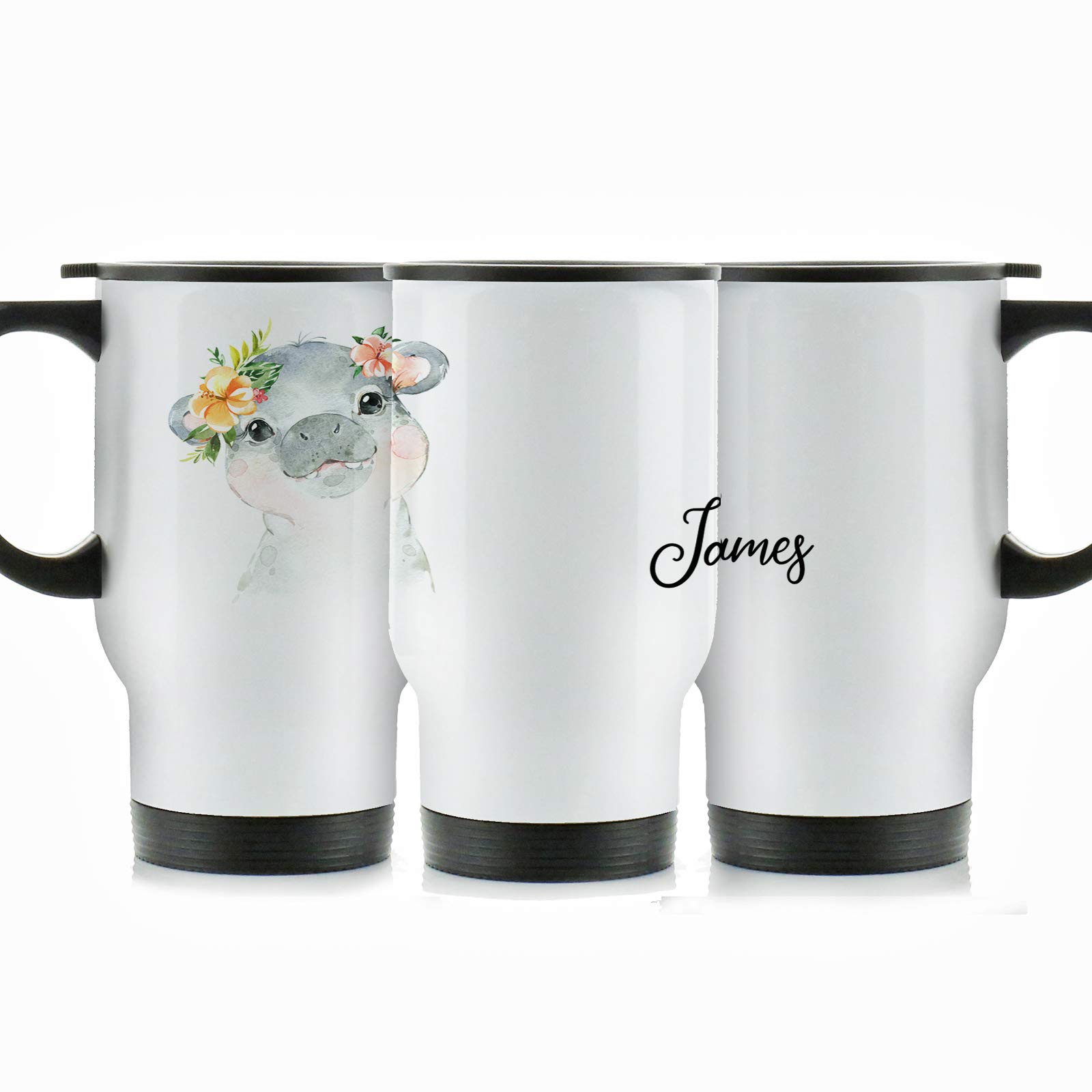 Hairyworm Personalised Travel Mug, 400ml White Stainless Steel Travel Mug with Handle, Customised with Initial/Name, Hippo Peach Flowers Design Print