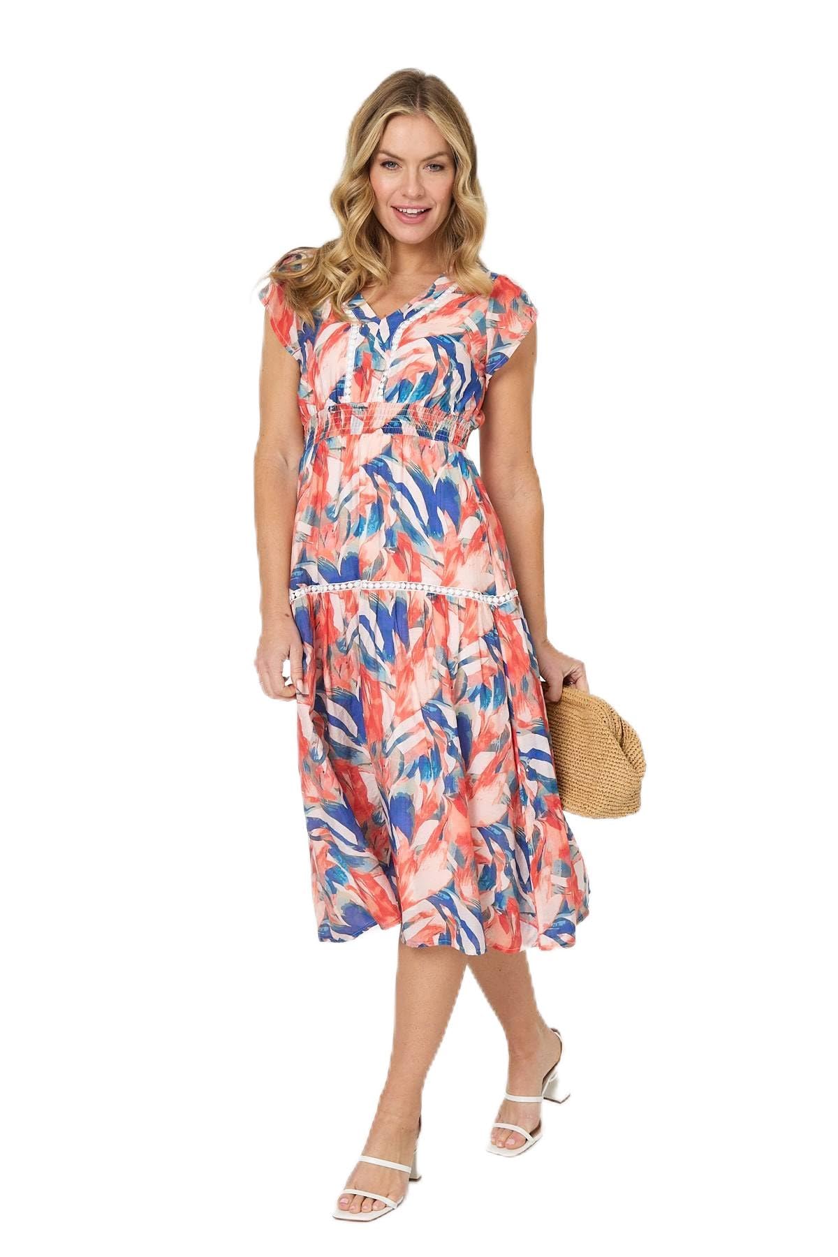 Izabel London Women's Blue Abstract Lace Trim Cap Sleeve Midi Dress In Size 14