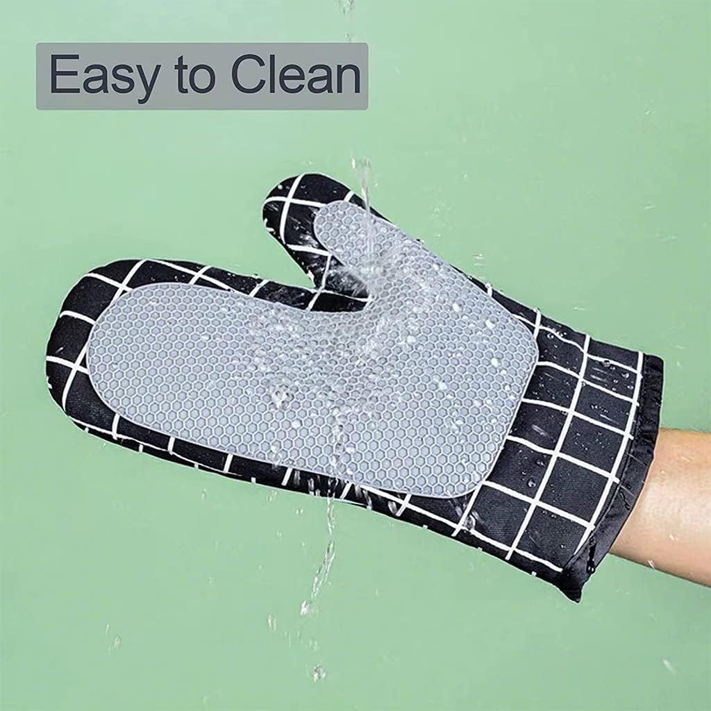 Oven Gloves, Silicone Oven Gloves, Cotton Lining and Non-Slip Surface, Square Stitched Heat Resistant Gloves for Kitchen, Baking, Grilling（Black）
