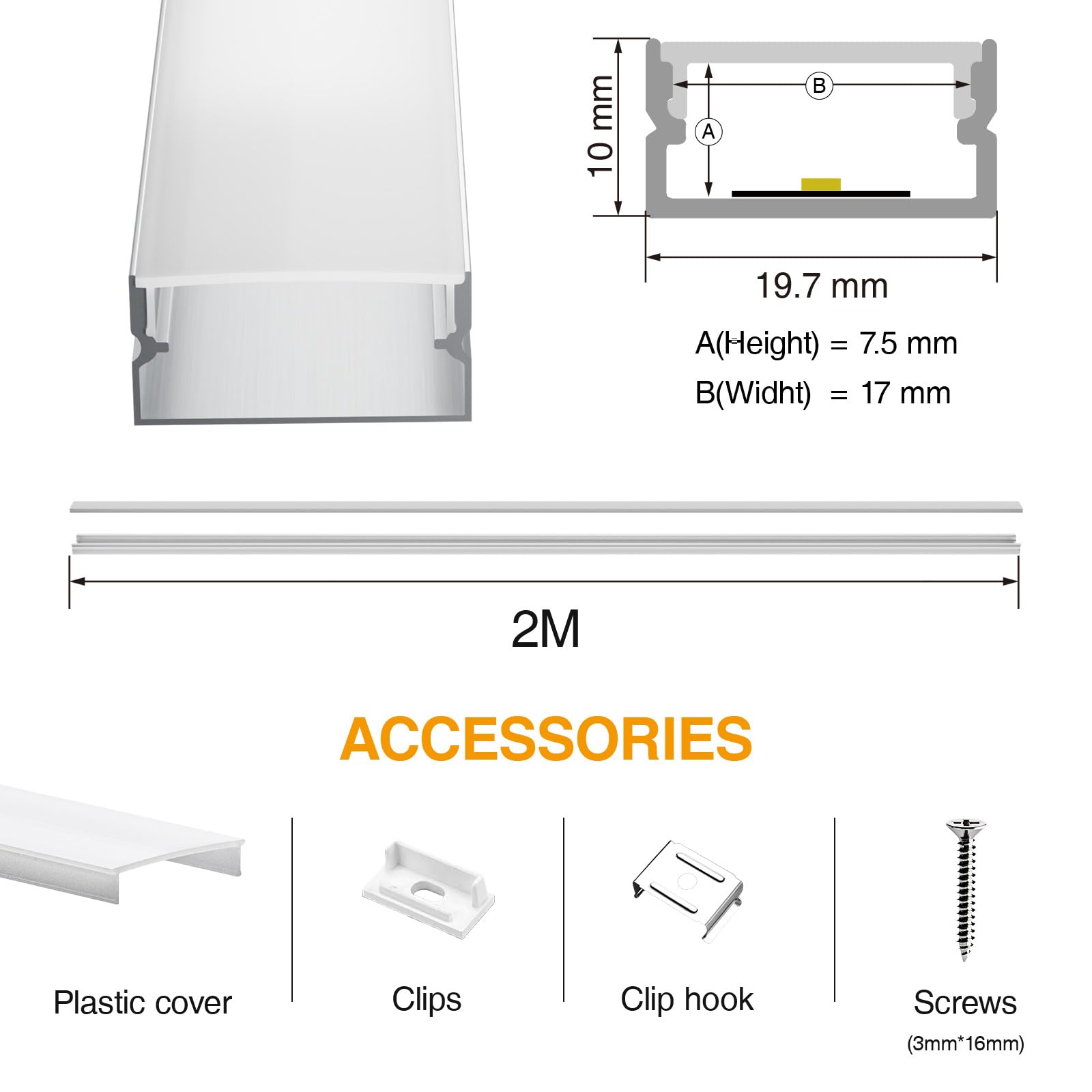 5 x Profilo LED 2 m, Profilo a U in alluminio per strisce LED fino a 17 mm, (10 m) Dimensioni 19,7×10 mm, Schiena LED con copertura lucida, Set completo di canale LED con tappi terminali, clip