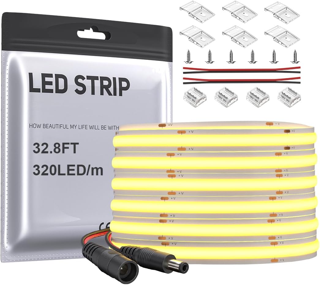 COB LED Strip UL Listed Flexible High Density Uniform Light 8W/m 32.8FT DC24V Warm White 3000K CRI 90+ 8mm Width Dimmable LED Ribbon for Home Indoor Decor(No Adapter or Controller)