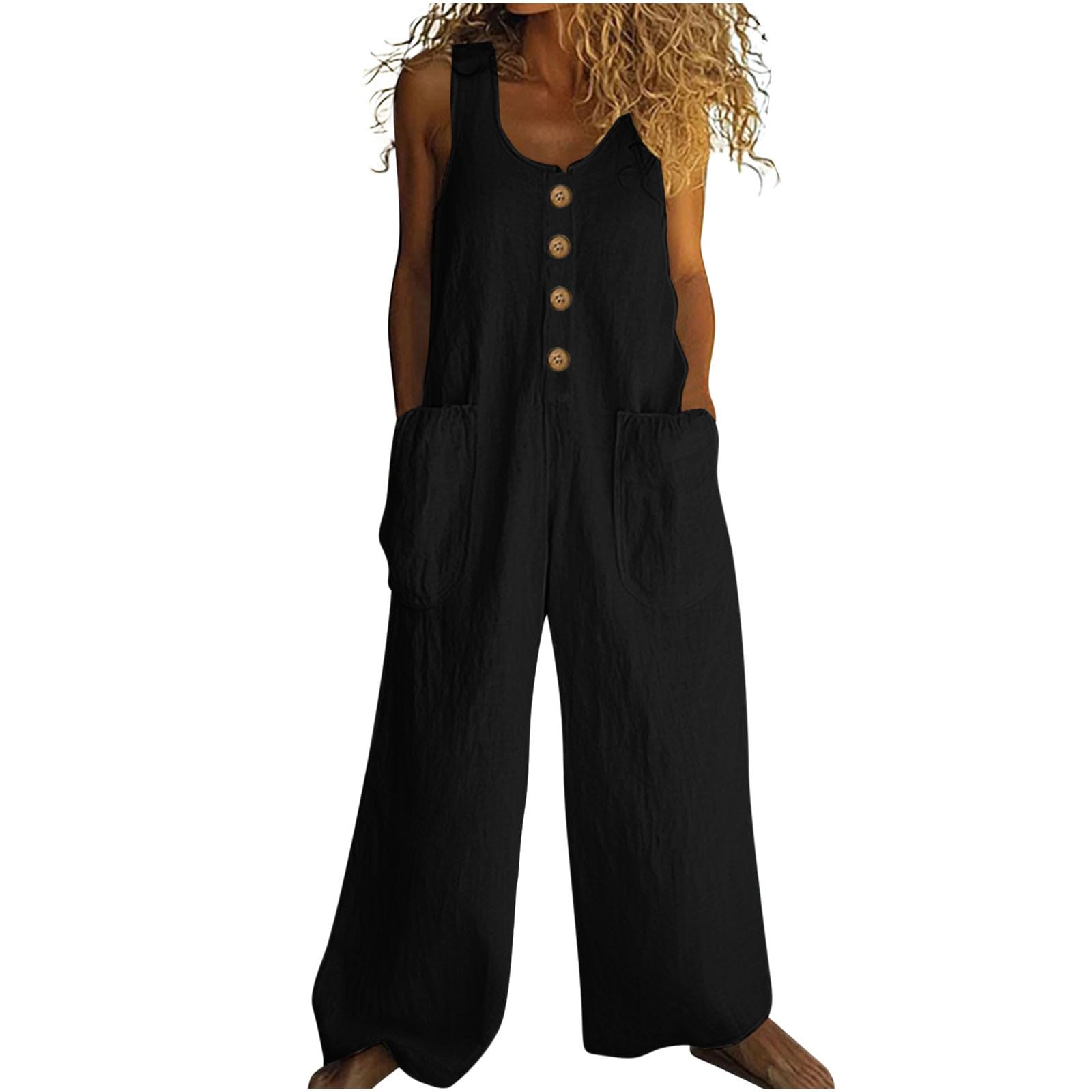 HAOLEI Mono Mujer Verano de Algodón y Lino Mono de Pierna Ancha con Bolsillos para Mujer Casual Overol de Verano Color Sólido Sin Mangas Pantalón Rompers Largo Verano de Tirantes Suelto Peto Overol