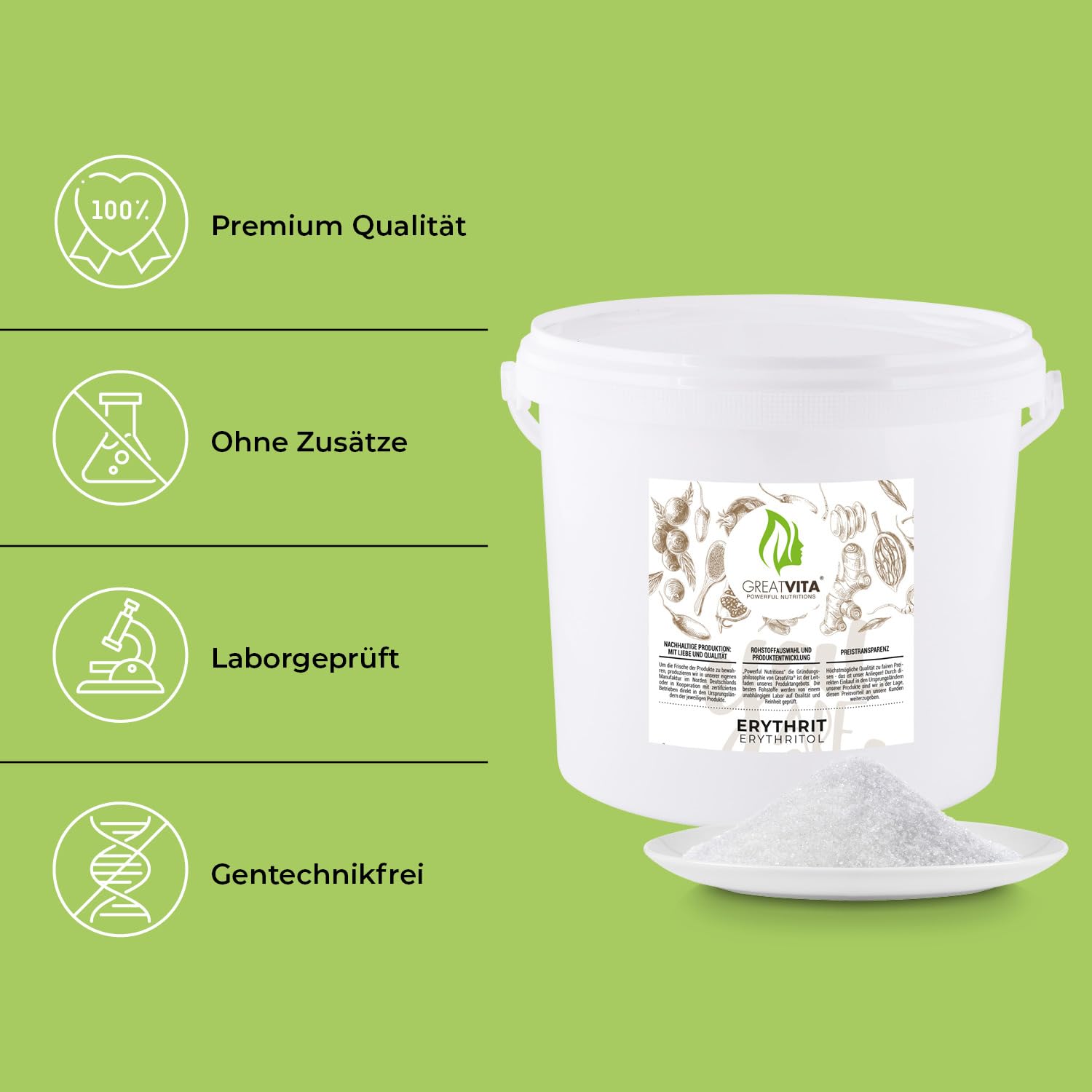 GreatVita Erythrit Eimer 4 kg, Premium Zuckeralternative - kalorienfreies Süßungsmittel ohne Gentechnik | Zahnfreundliche Süßungsmittel ohne Kalorien