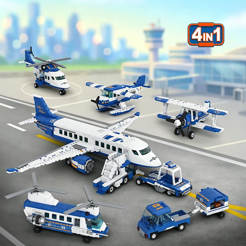 Image of SKY LINE OCEAN 4-in-1 Airplane Building Block Set, 936+ PCS Multi-Model Aircraft Kit with Passenger Plane, Cargo Plane & Airport Vehicles, STEM Construction Toy | 5 Year Structural Warranty