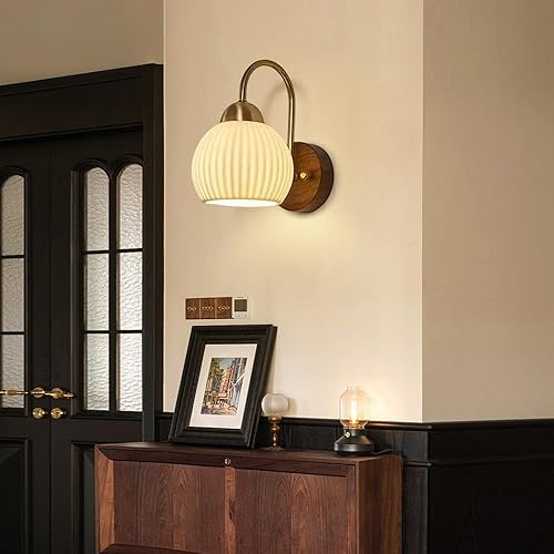 Miniatura 2 de Aplique de pared de cerámica blanca vintage, lámpara de pared con cable de madera, lámpara de pared retro E26E27, iluminación de base para sala de