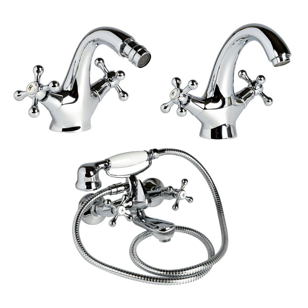 Kiamami Valentina - Set Rubinetti Bagno Stile Retrò | Miscelatore Lavabo, Bidet e Vasca | Finitura Cromata Elegante | Manopole a Croce