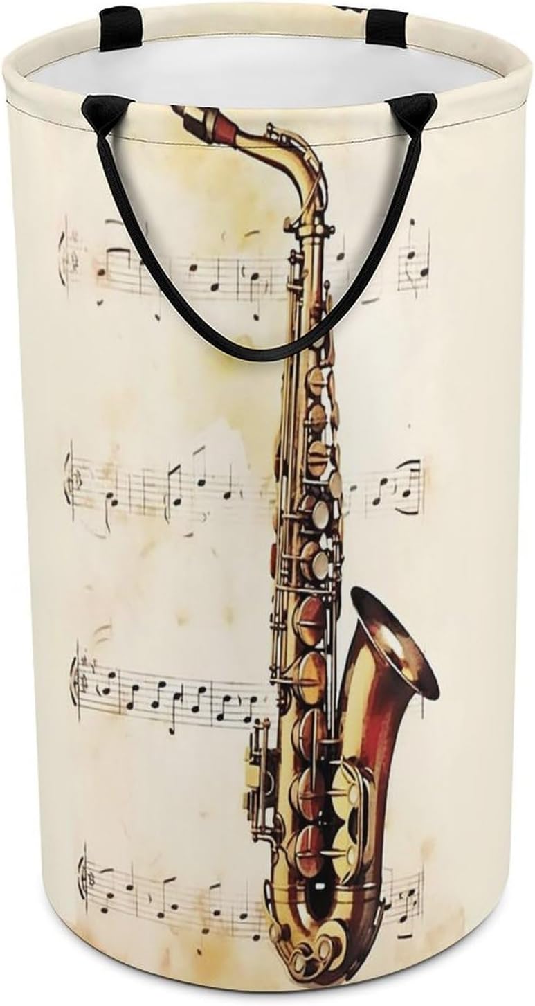 Music Notes Saxophone Large Laundry Basket Laundry Hamper Bag Washing Bin Clothes Bag Collapsible Tall With Handles Travel Bathroom College