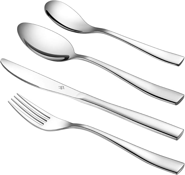 WUJO Cutlery Set, Stainless Steel Dinner Set, 24 Piece Dinnerware / Tableware / Silverware Set Service for 6 Person, Include Knife / Fork / Spoon / Teaspoon, Mirror Polished, Dishwasher Safe