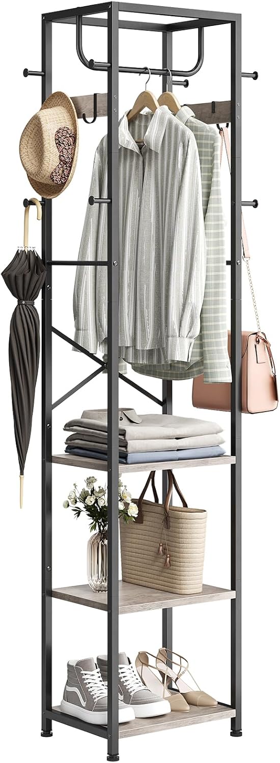 ELYKEN Coat Rack Freestanding, Hall Tree with 3 Storage Shelves and 12 Hooks, Industrial Clothes Rack Stand Organizer for Bedroom, Hallway, Entryway, Office, Living Room, Greige