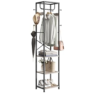 ELYKEN Coat Rack Freestanding Hall Tree with 3 Storage Shelves and 12 Hooks Industrial Clothes Rack Stand Organizer