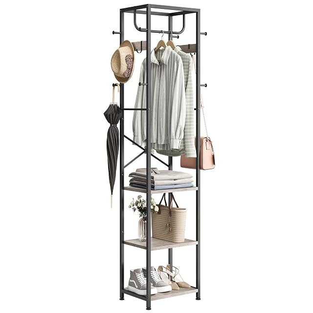 ELYKEN Coat Rack Freestanding Hall Tree with 3 Storage Shelves and 12 Hooks Industrial Clothes Rack Stand Organizer