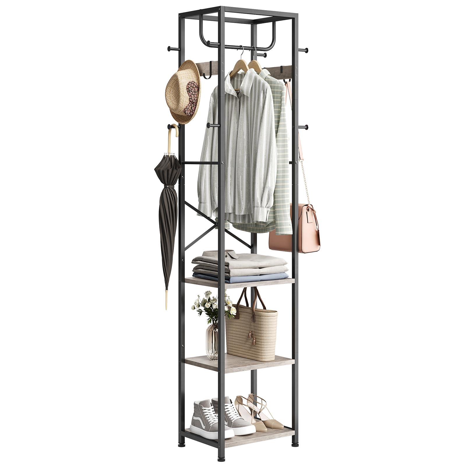 ELYKEN Coat Rack Freestanding Hall Tree with 3 Storage Shelves and 12 Hooks Industrial Clothes Rack Stand Organizer