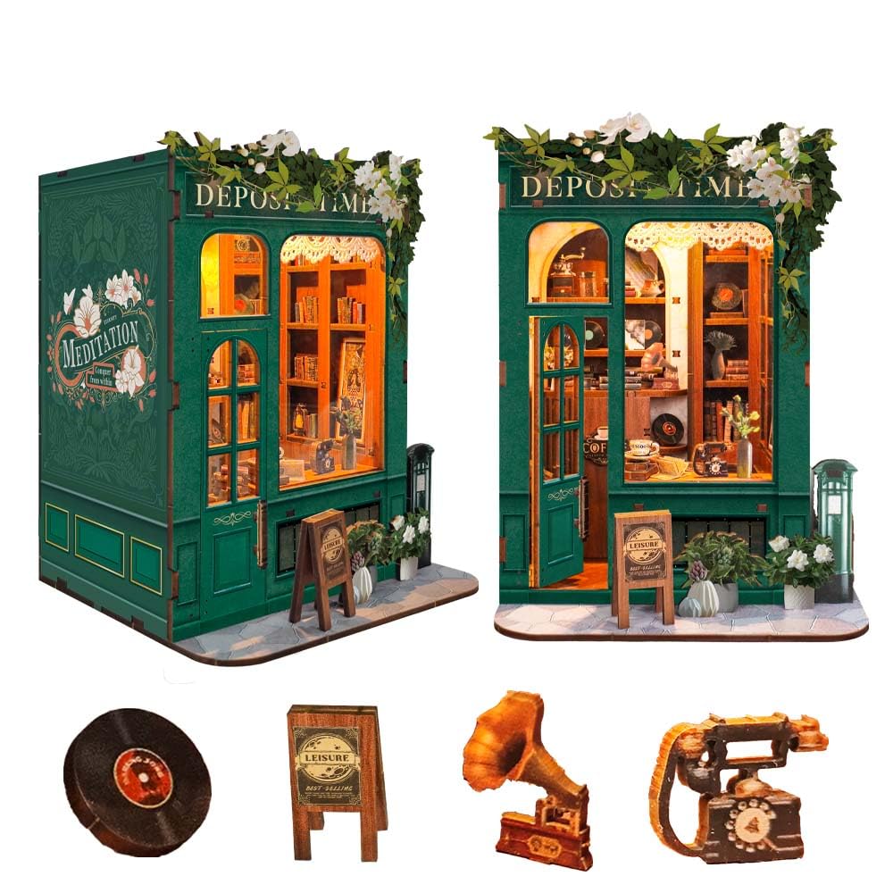 Book Nook Kit for Adults 3D Puzzle Miniature House Kit for Women Craft Lovers Booknook Bookshelf Decor DIY Model Kit with LED Light-Moments In Time(SQ-45)