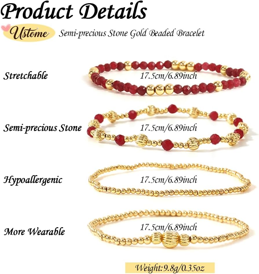 Gold 4Pcs Stackable Beaded Bracelets Set For Women,Handmade Natural Gemstone Glass Ball Stretch Accessories Jewelry, Daily Wear Friendship Gift - Image 5