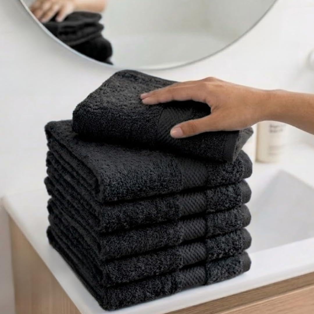 Crystal Tex Premium flannels/face cloths 100% Cotton Washcloths (30x30 cm 600 GSM) โ Soft Flannel Face cloth, Face Towels for Beauty Routine, (Face flannels pack of 6, Black)
