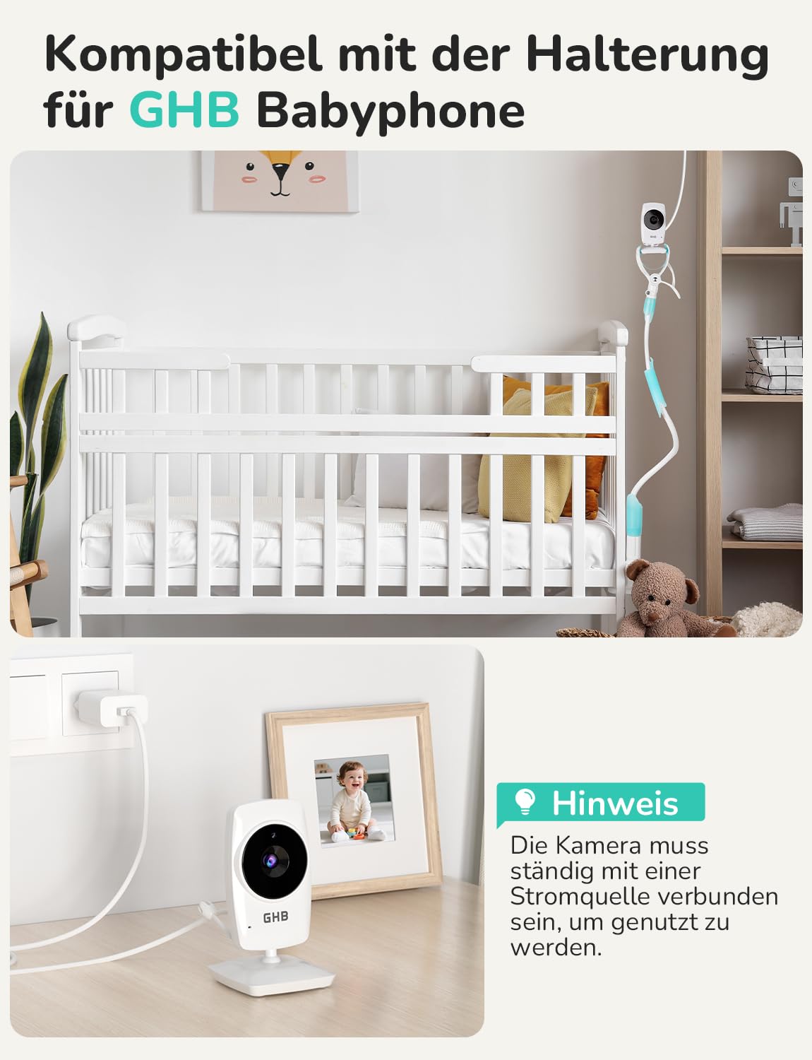 GHB Babyphone mit Kamera Baby Monitor 3,2 Zoll LCD 2100 mAh Akku 2X Zoom Temperatursensor Nachtsicht Gegensprechen Weiß