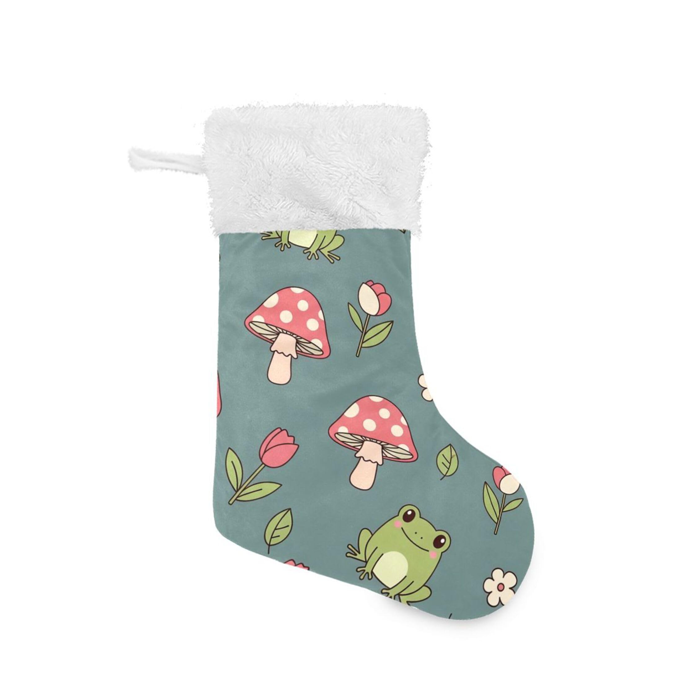 Fuauuyl Mushrooms Frogs Christmas Stocking 18 In Xmas Hanging Stocking with Plush Cuff for Family Holiday Party Fireplace Decorations, 1 Pack