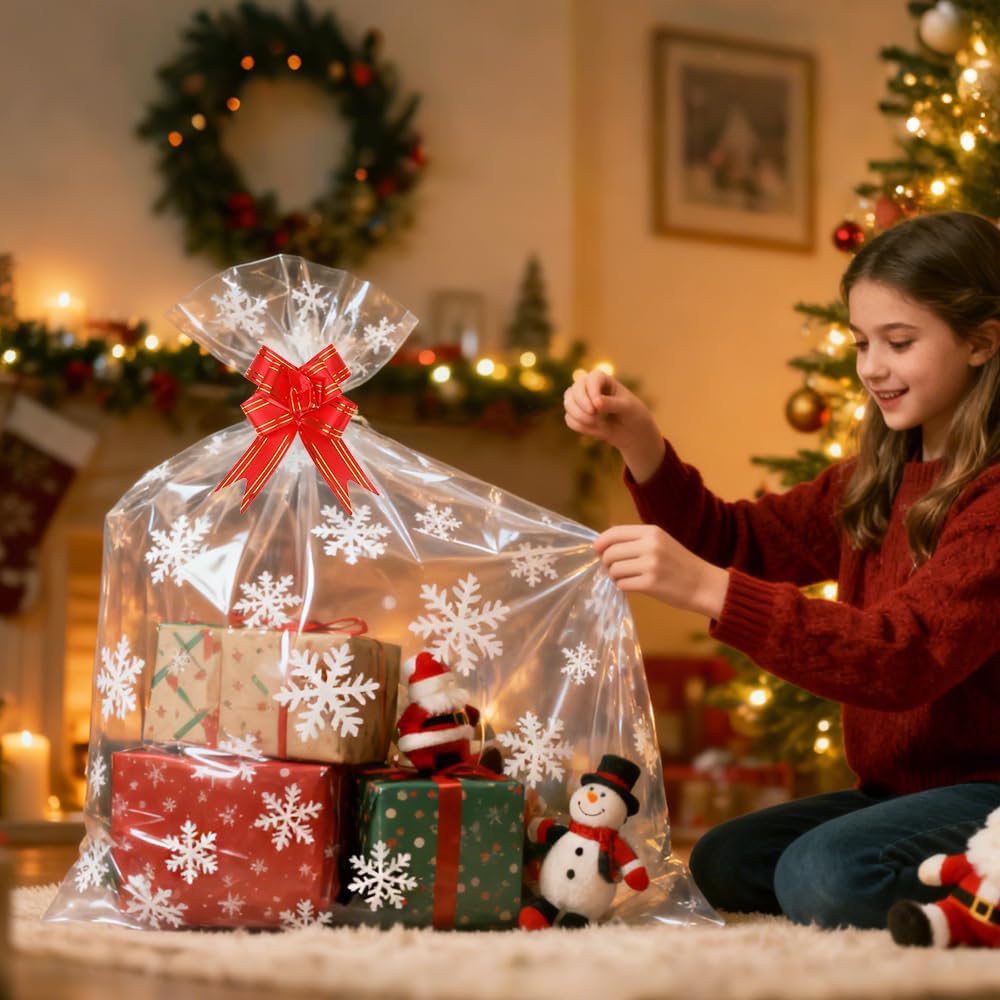 Large Christmas Snowflake Cellophane Bags, 15 Pcs Christmas Gift Bags, 20x28 Inch Plastic Cellophane Bags for Gift Baskets, Clear Gift Basket Bag Wrapp with Pull Bows for Xmas Holiday Party Supplies - Image 6