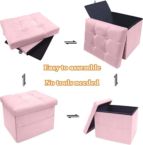 Miniatura 28 de Taburete otomano de almacenamiento, otomana plegable de 17 pulgadas con almacenamiento, banco de almacenamiento de terciopelo con bolsillo lateral,