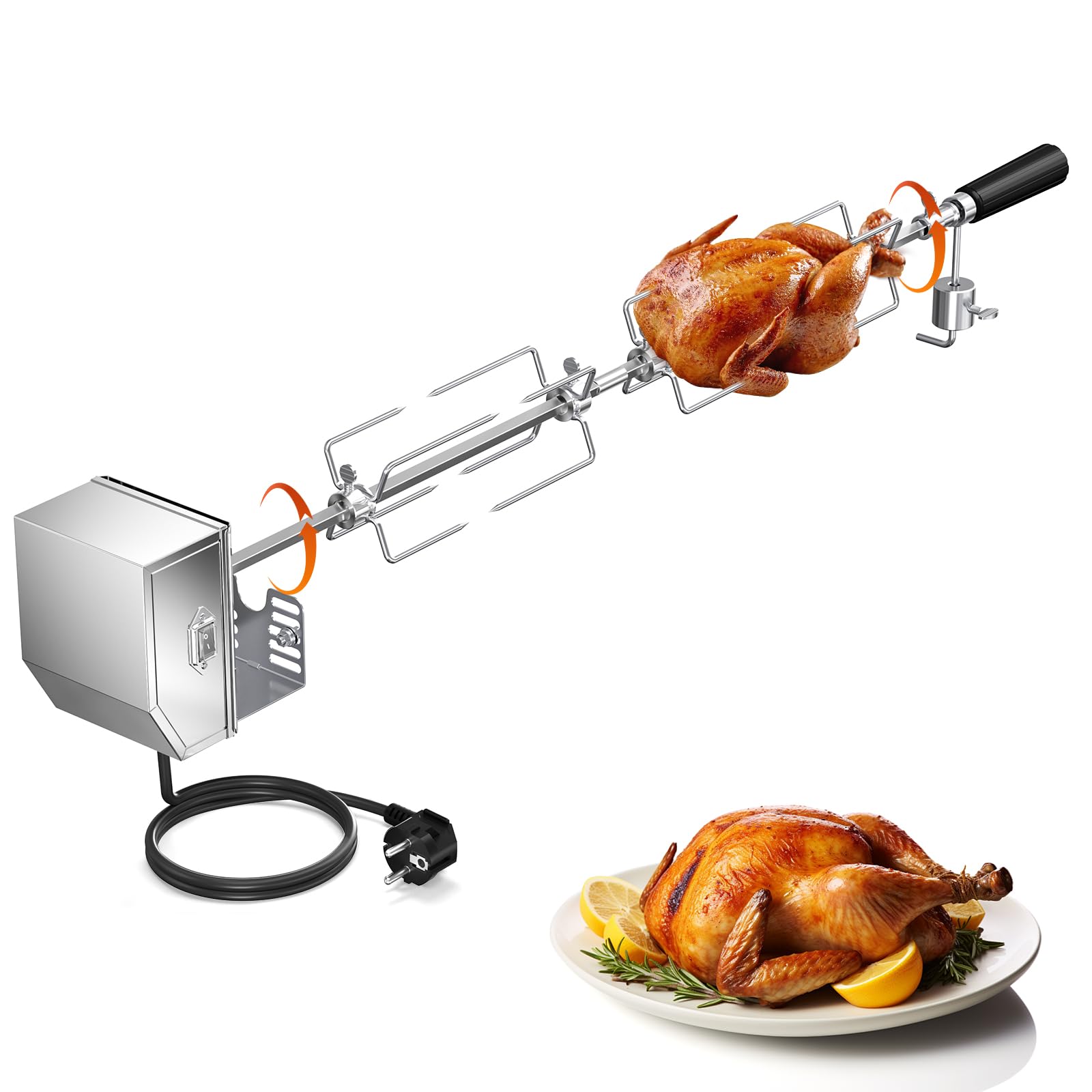 Universal asador Giratorio Barbacoa 3X Pinchos, Agujas y Motor de Acero Inoxidable Longitud Ajustable 56-134cm 3RPM Parrilla Barbacoa giratoria