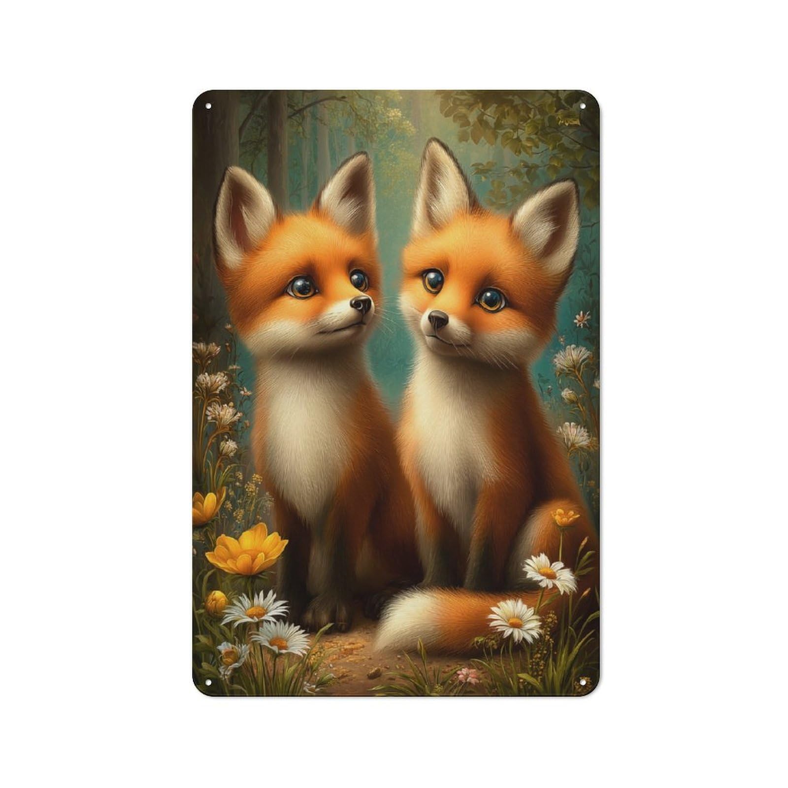 Vintage Tin Sign with Two Cute Fox Cubs in Forest Design 30x20cm, Nostalgic Nostalgic Wall Art for Living Room, Hallway, Kitchen Or Cafe