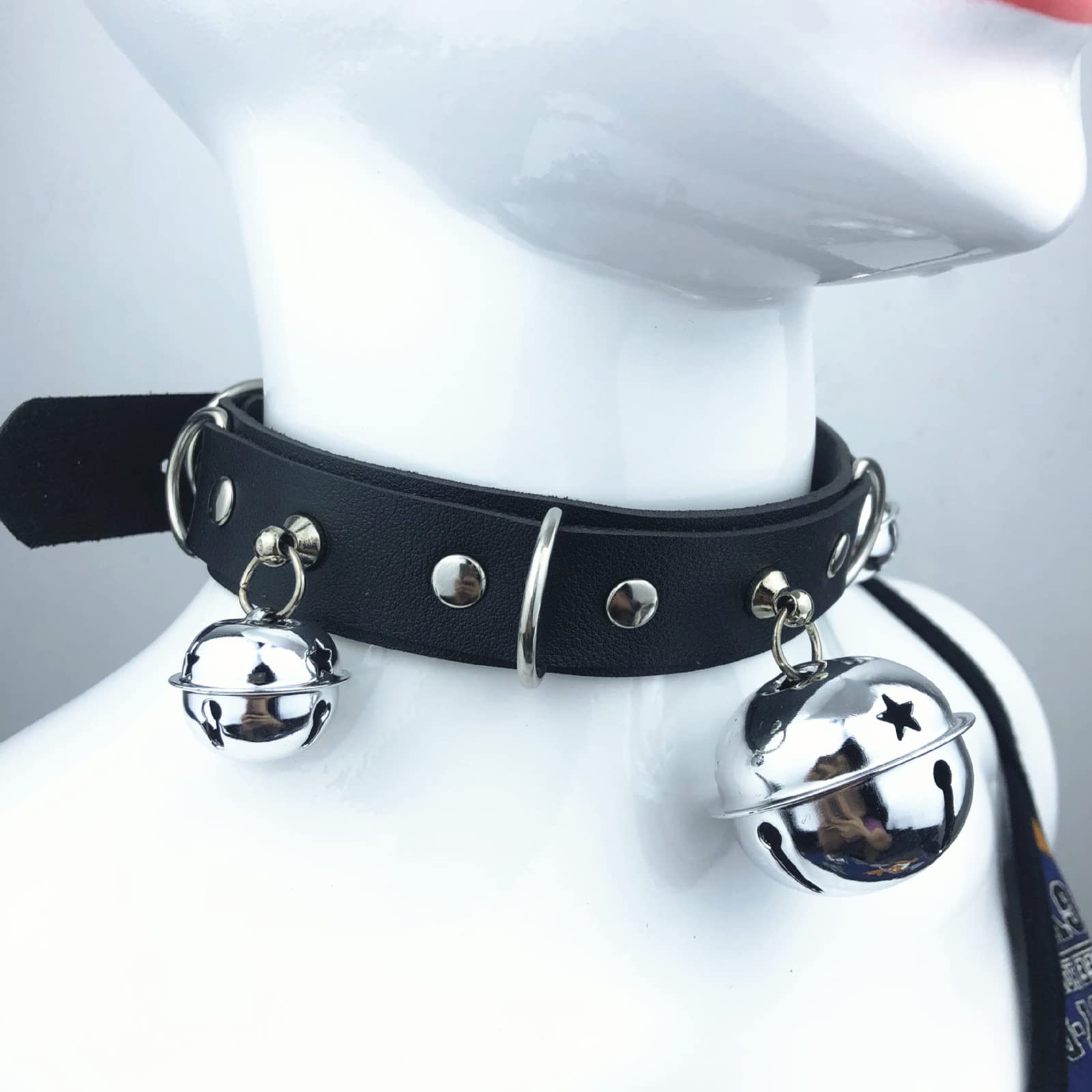 Gargantilla Gótica SM Collares de Cuero con 3 Campanas y Anillo en D de Metal Collar Gótico Punk Rock Collar Ajustable BDSM Juego de Esclavo Erótico Juguete Sexual para Mujeres Parejas