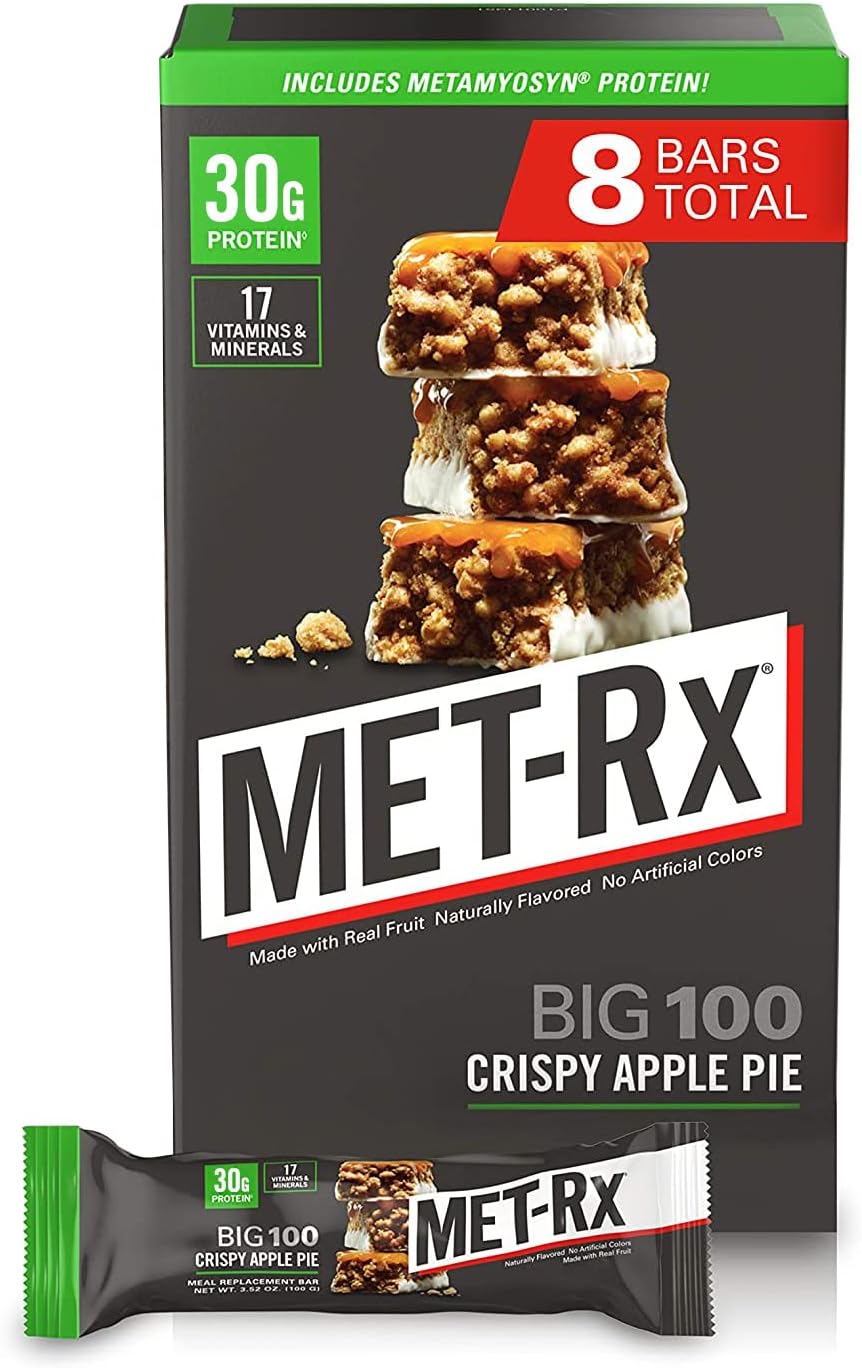 MET-Rx Big 100 Protein Bar, Meal Replacement, 30G Protein, Gluten Free, Crispy Apple Pie, 3.52 oz. ea, 8 Count (Packaging May Vary)