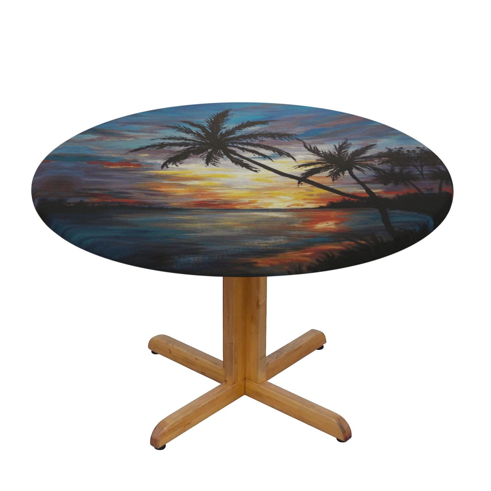 ESNAIUVCD Tropical Sunset print Waterproof Round Tablecloth,Outdoor Table Cloth with Elastic Edged, Elastic Tablecloth Wipeable, Garden Table Cloth Suitable for sizes 90cm-140cm