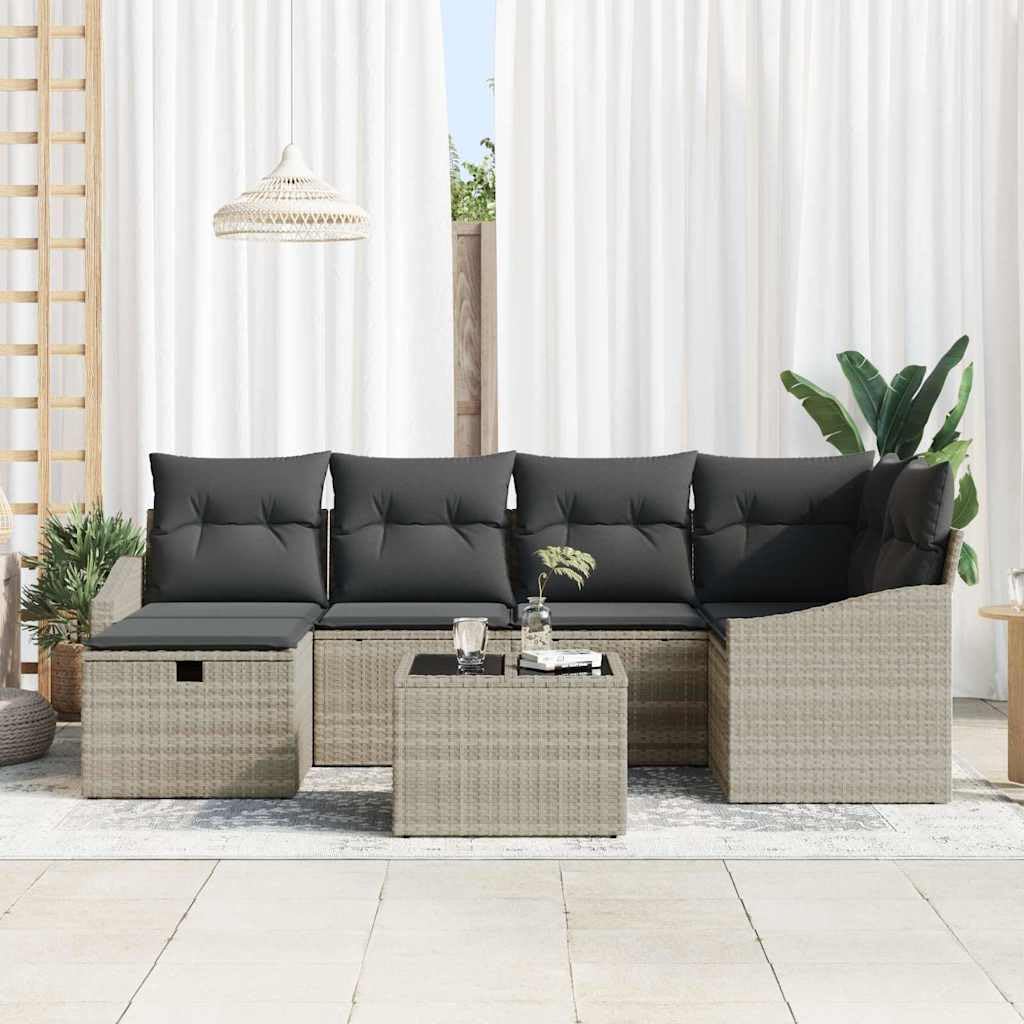 Sofa ogrodowa z polirattanu, 7-częściowy, jasnoszary, 55 x 62 x 69 cm, modułowa, odporna na warunki atmosferyczne, na taras, do ogrodu, na balkon, do relaksu i spędzania czasu towarzyskiego