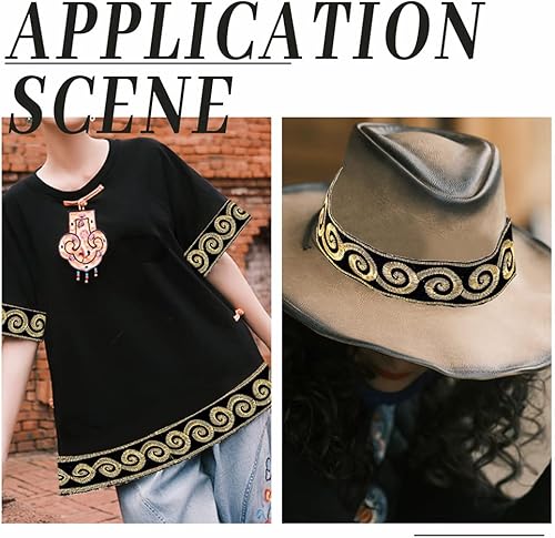 Miniatura 2 de PH PandaHall Cinta jacquard de 4.1 yardas, 1.3 pulgadas, ribete de encaje bordado de oro negro bohemio para manualidades, costura, manualidades,