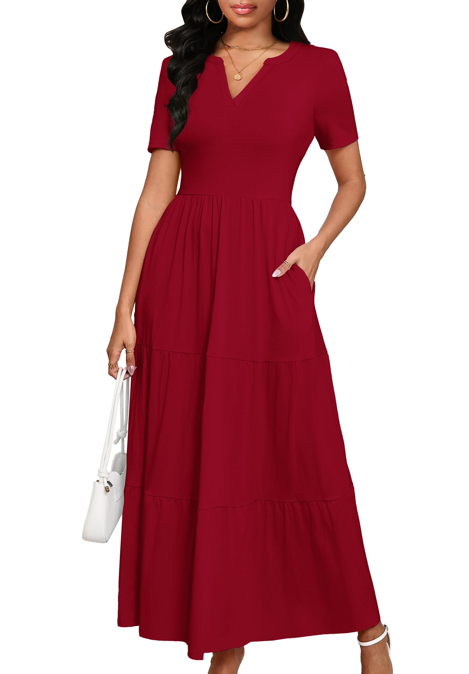 MarryUP Women 2025 Casual Loose Maxi Dress with Pockets V Neck Short Sleeve Tiered Long Summer Beach Swing Dresses