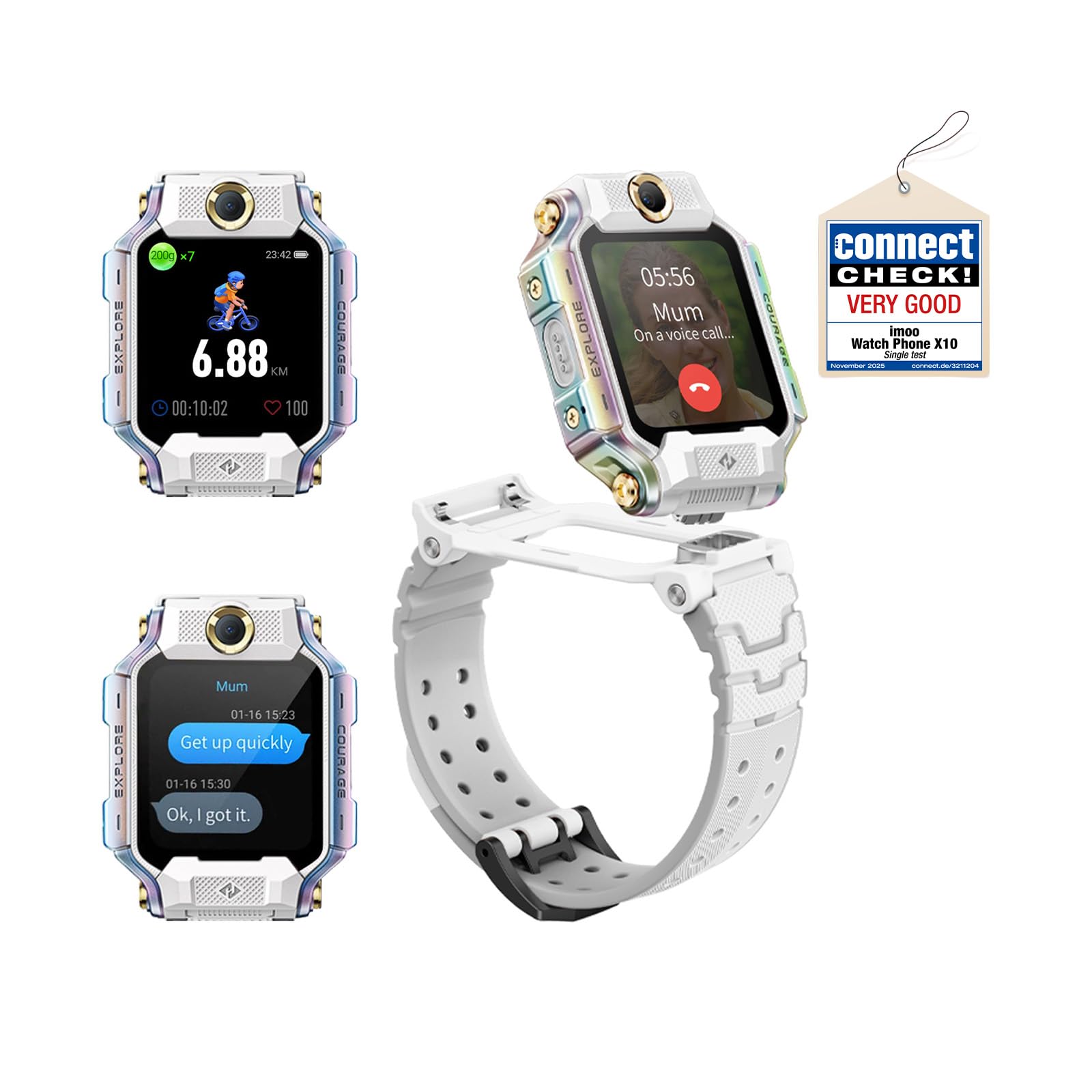 imoo X10 Smartwatch dla dzieci z kartą SIM, smartwatch 4 G LTE Smart Watch z podwójnym aparatem, 1,6", szeroki kąt widzenia 98°, ochrona przed wstrząsami, 32 GB ROM, SOS (biały)