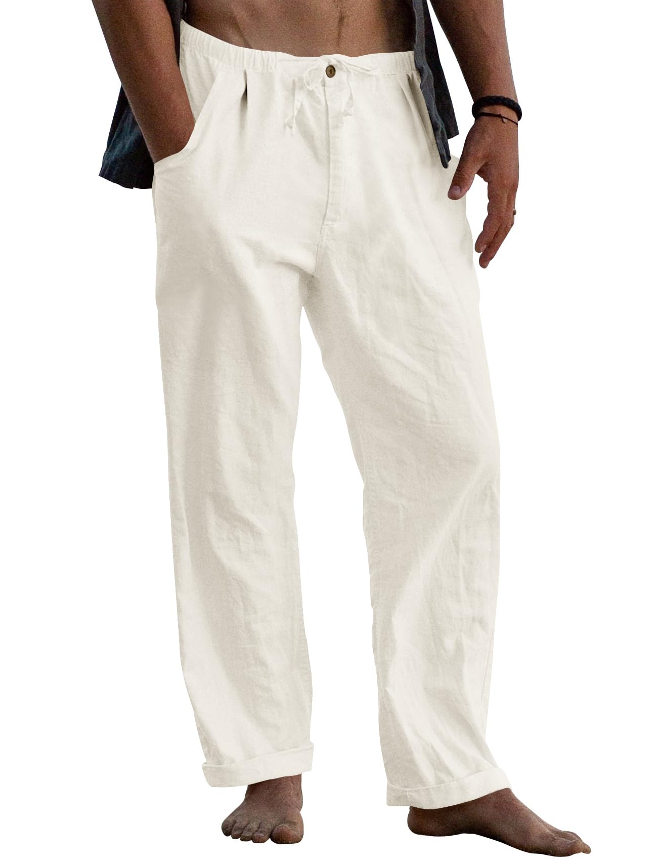 Runcati Leinenhose Herren Baggy Leichte Sommerhose Lang Männer Einfarbig Freizeithose Strand Yoga Hose mit Kordelzug