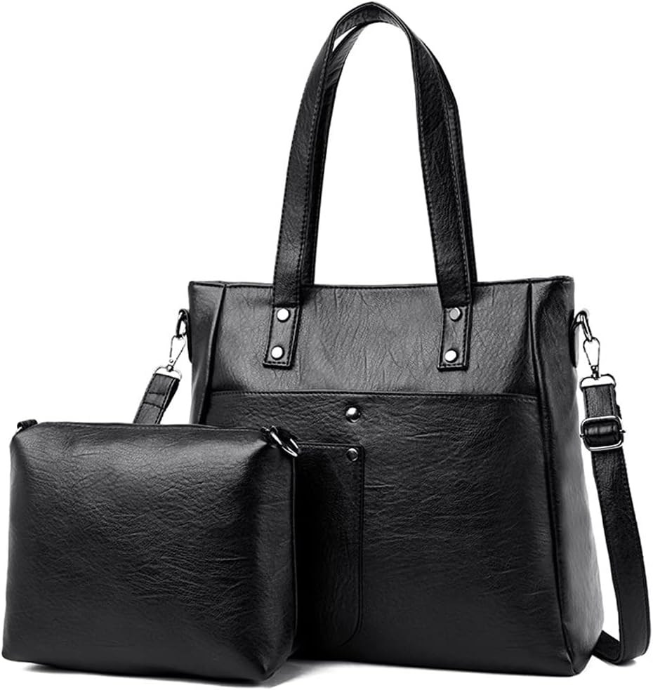 Downupdown Women Handbags and Purse Set Soft Leather Satchel Shoulder Bags Minimalist Ladies Tote Bags Crossbody Bag 2-Pcs