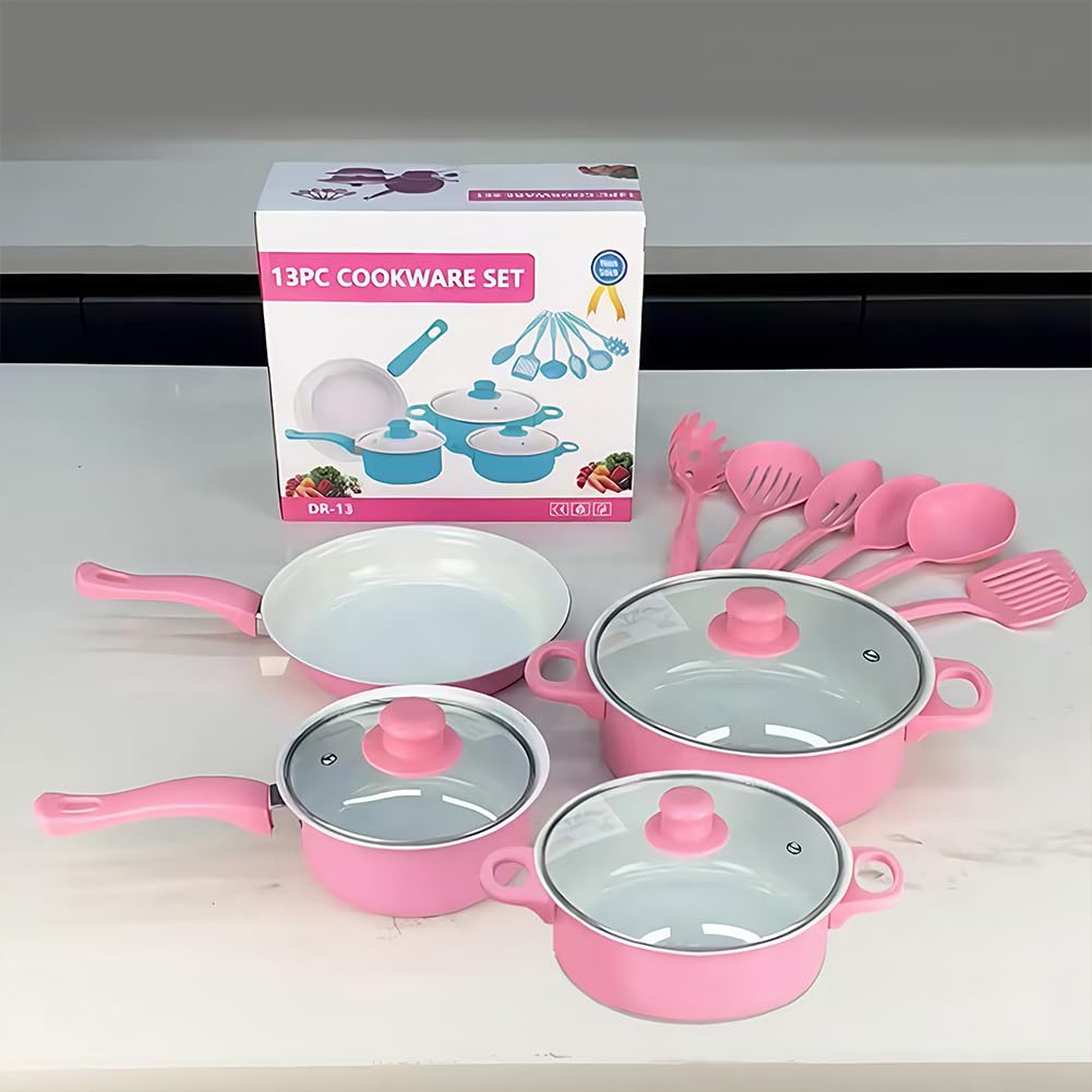 Juego de 12 utensilios de cocina antiadherentes con tapa para todo tipo de fuegos (rosa)